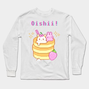 Kawaii Pixel Oishii Dream Dessert ( Usagi & Neko Strawberry Cream pancakee) Long Sleeve T-Shirt